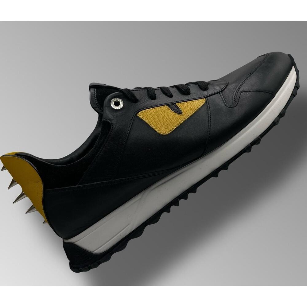 Fendi Mens Vitello Elite Spike Monster Sneakers Black Yellow 7E 0935 Size 7